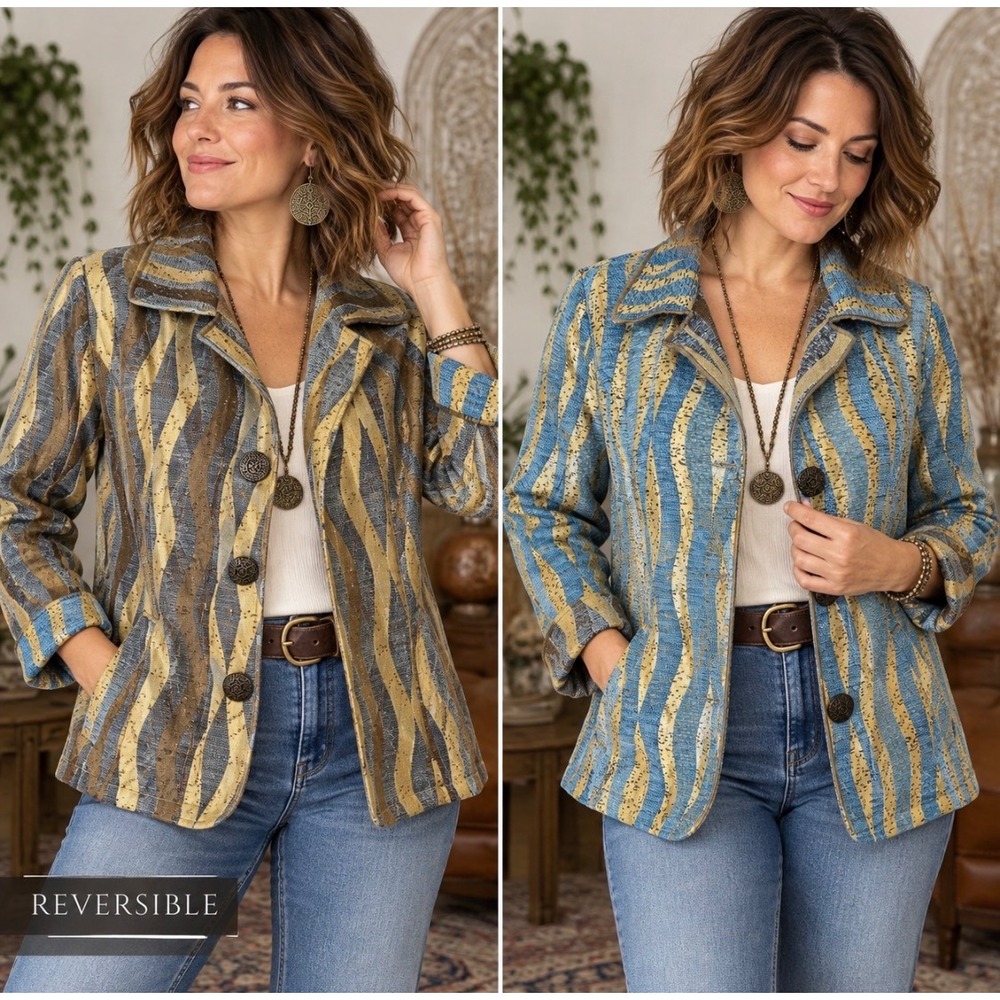 Womens Reversible Tapestry Blazer Jacket M Blue Metallic Gold Abstract Artsy